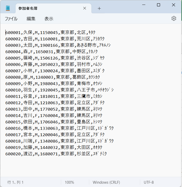 図２　CSVデータ（参加者名簿）