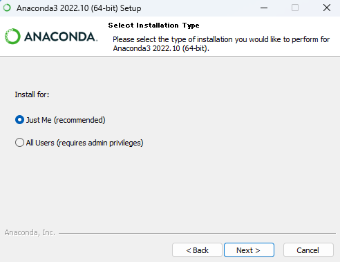 Anacondaインストーラ③インストールするユーザを選択